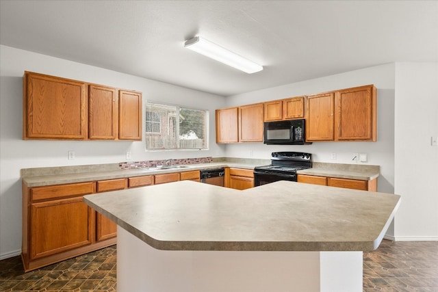 kitchen featuring dark tile flooring, a kitchen island, sink, and electric range oven