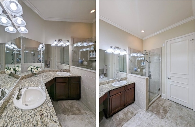 bathroom with tile walls, tile floors, dual bowl vanity, and a shower with door