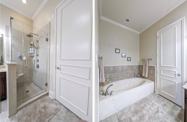 bathroom with tile flooring, ornamental molding, plus walk in shower, and vanity