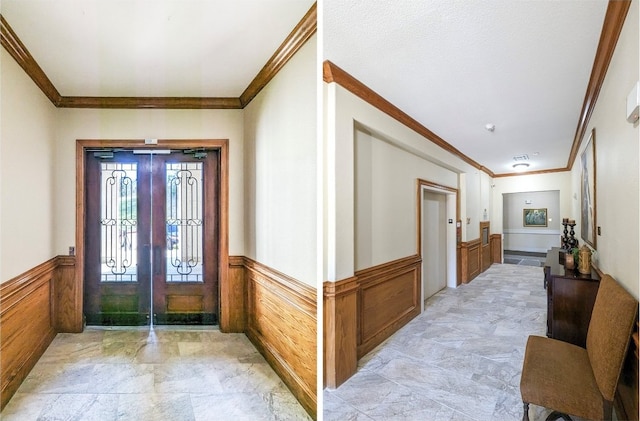 tiled foyer entrance featuring crown molding and french doors