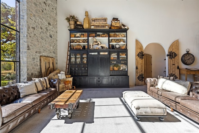 living room featuring carpet floors, plenty of natural light, and a high ceiling