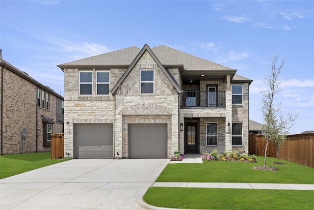 view of front of property with a garage, a front yard, and a balcony