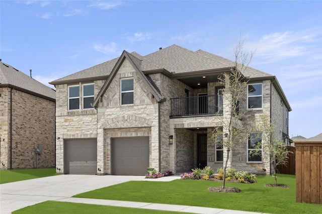 view of front of home featuring a garage, a front lawn, and a balcony