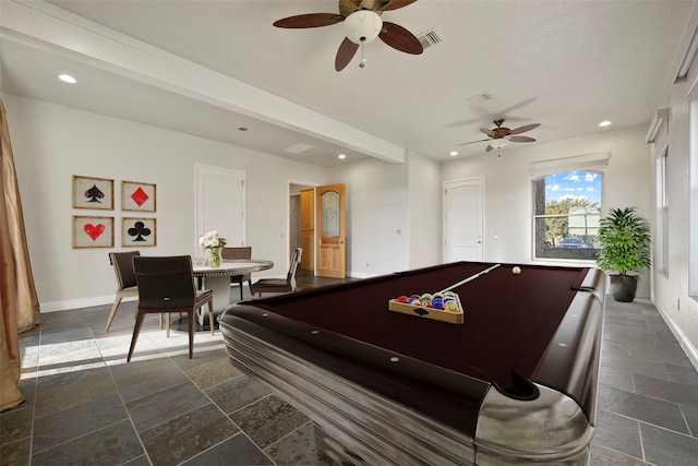 playroom featuring ceiling fan and pool table