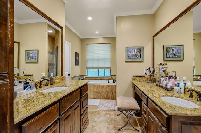 bathroom featuring vanity, separate shower and tub, and crown molding