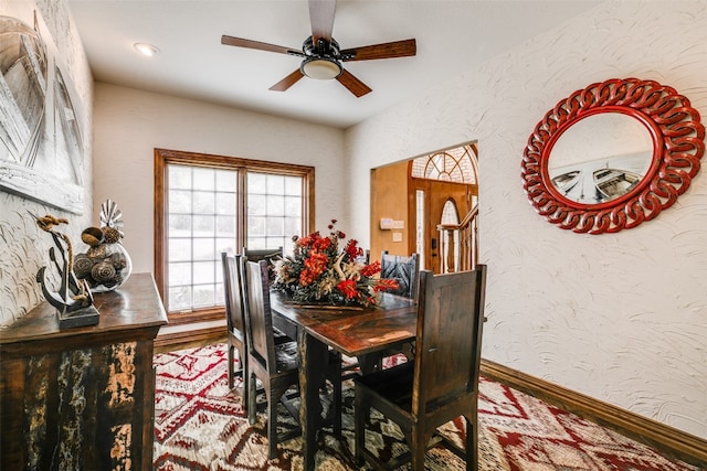 dining area featuring ceiling fan and light wood-type flooring