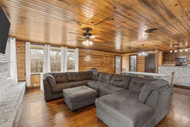 living room featuring ceiling fan, wood walls, dark hardwood / wood-style floors, and wood ceiling