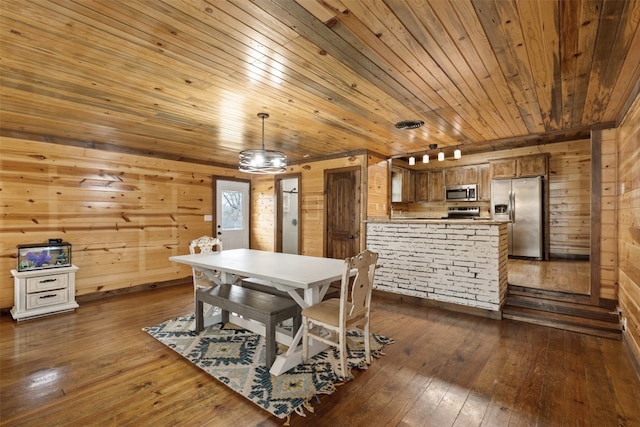 dining area with wood walls, wood ceiling, and dark hardwood / wood-style floors