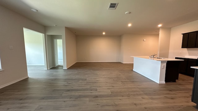 kitchen featuring sink, hardwood / wood-style flooring, and a kitchen island with sink