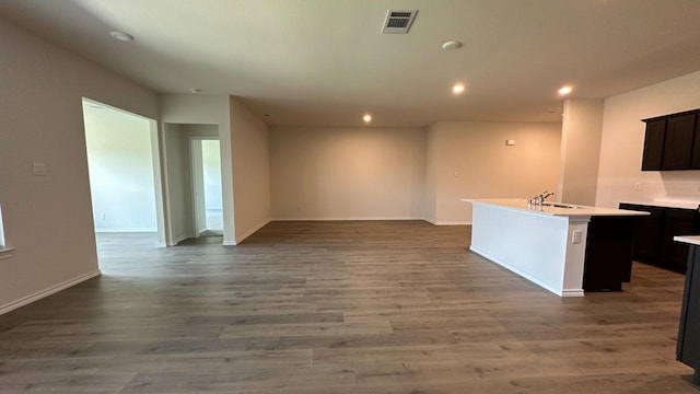 kitchen with hardwood / wood-style flooring, sink, and a center island with sink