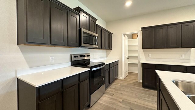 kitchen with light hardwood / wood-style floors and stainless steel appliances