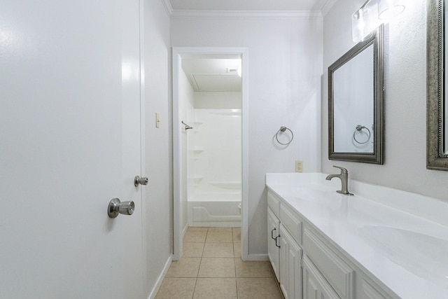 bathroom with tile patterned flooring, vanity, ornamental molding, and shower / tub combination