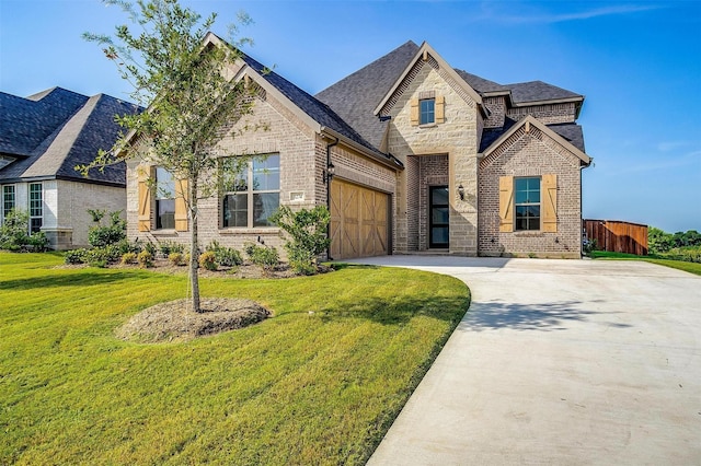 view of front facade featuring brick siding, an attached garage, stone siding, driveway, and a front lawn