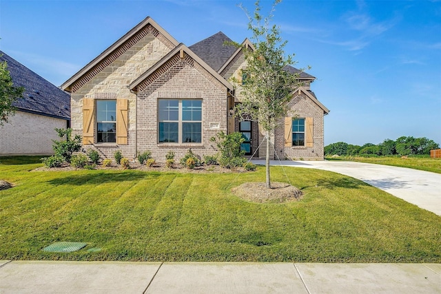 view of front facade featuring concrete driveway, a front lawn, stone siding, and brick siding