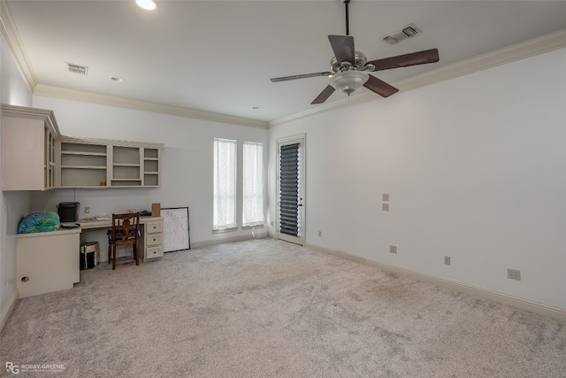 unfurnished living room featuring ceiling fan, crown molding, and light colored carpet