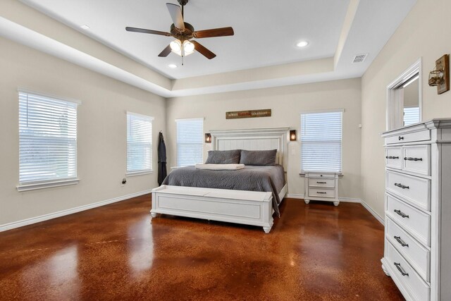 bedroom with a raised ceiling, ceiling fan, and multiple windows