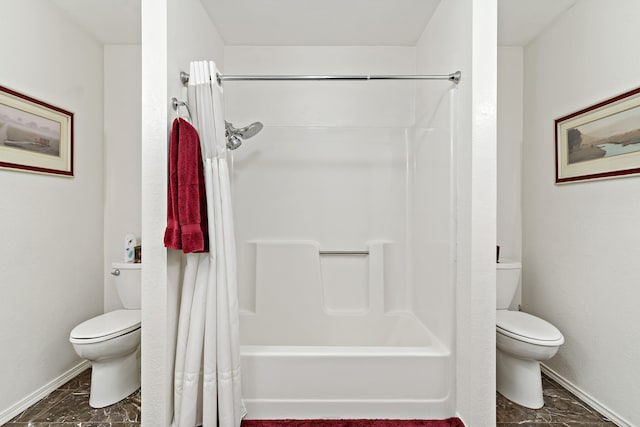 bathroom featuring shower / tub combo, tile patterned floors, and toilet