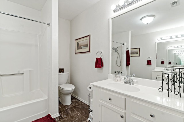 full bathroom featuring tile patterned floors, vanity, bathtub / shower combination, and toilet