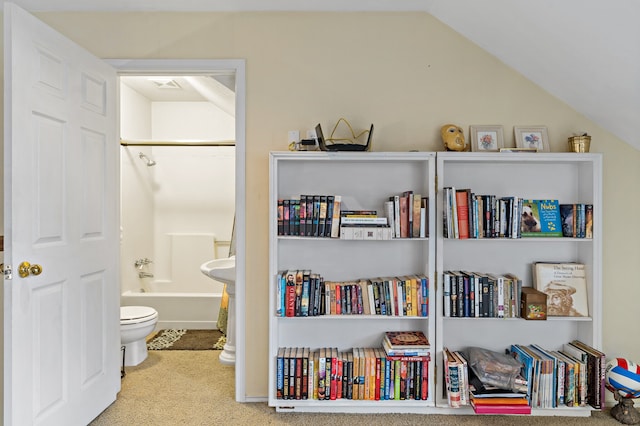 interior space with lofted ceiling and light colored carpet