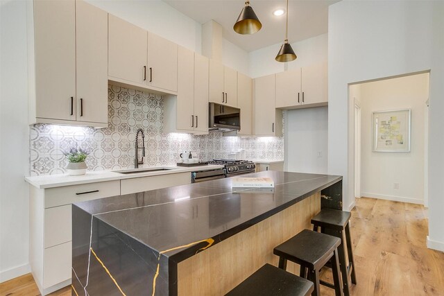 kitchen featuring pendant lighting, tasteful backsplash, light hardwood / wood-style flooring, sink, and appliances with stainless steel finishes