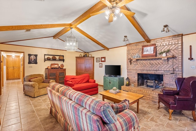 living room with a ceiling fan, a fireplace, vaulted ceiling with beams, and visible vents