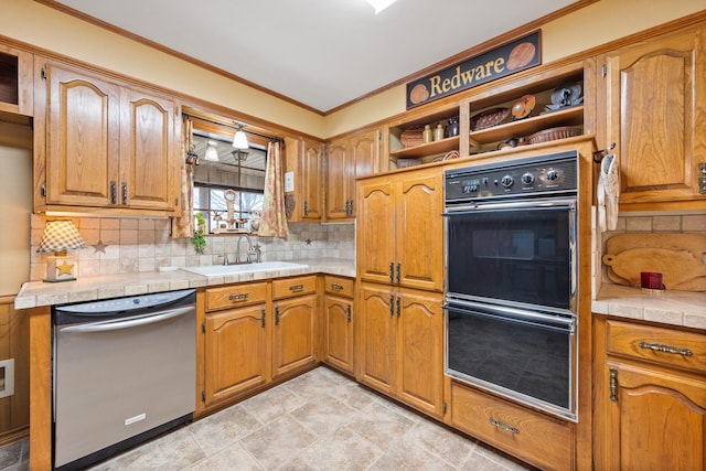 kitchen with brown cabinets, open shelves, dobule oven black, stainless steel dishwasher, and a sink