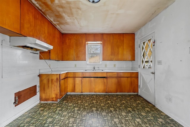 kitchen featuring range hood, backsplash, and sink