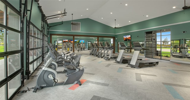 gym featuring high vaulted ceiling and carpet