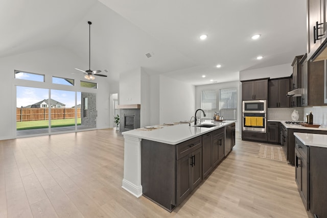 kitchen with sink, light hardwood / wood-style floors, a fireplace, appliances with stainless steel finishes, and a center island with sink