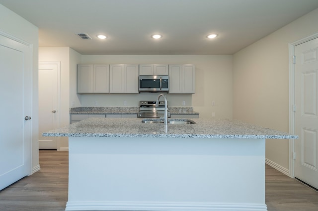 kitchen featuring stainless steel appliances, sink, light stone countertops, light hardwood / wood-style floors, and a kitchen island with sink