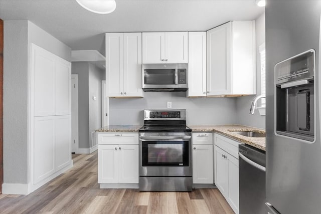 kitchen with white cabinets, light hardwood / wood-style flooring, appliances with stainless steel finishes, and sink