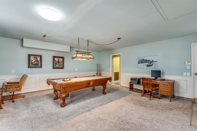 game room with light colored carpet and pool table