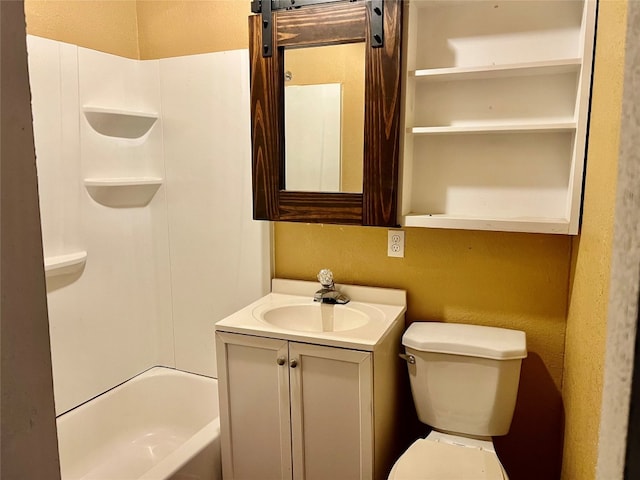 full bathroom featuring tub / shower combination, toilet, and vanity