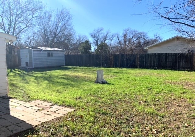 view of yard featuring a patio area and a storage shed