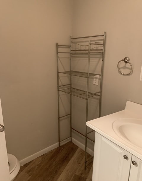 bathroom featuring vanity, toilet, and hardwood / wood-style flooring