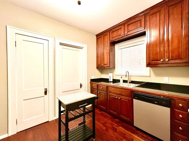 kitchen featuring dark wood-type flooring, dishwasher, and sink