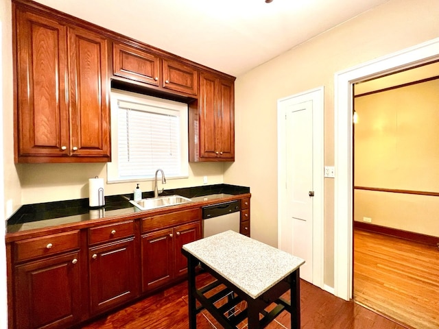 kitchen with dark hardwood / wood-style floors, sink, and dishwasher