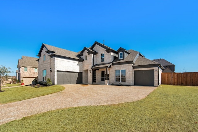 view of front facade featuring driveway, a front lawn, and brick siding