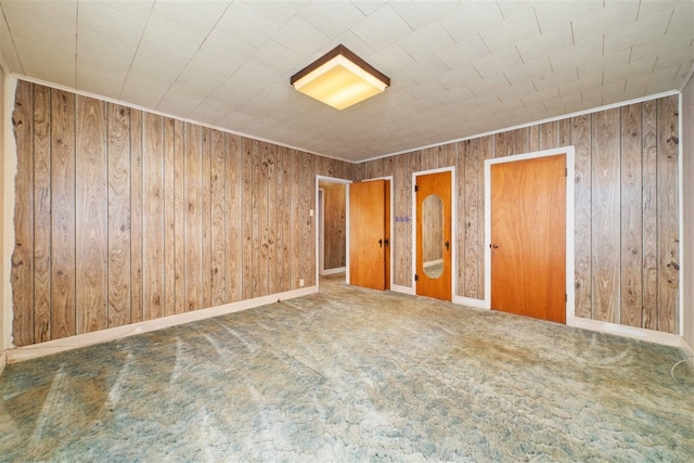 empty room featuring carpet flooring and wooden walls