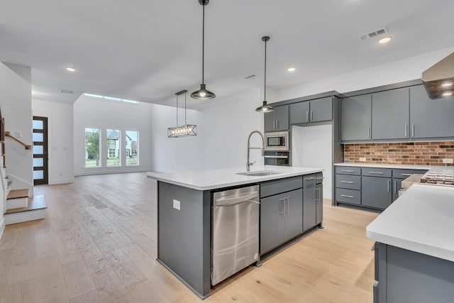 kitchen featuring sink, appliances with stainless steel finishes, gray cabinetry, and tasteful backsplash