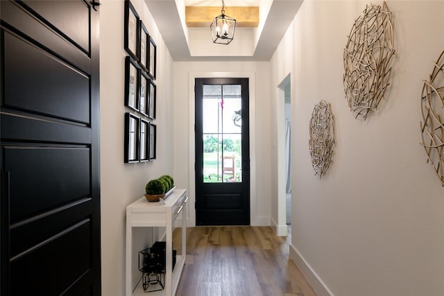 entryway with a chandelier, a tray ceiling, and light hardwood / wood-style flooring