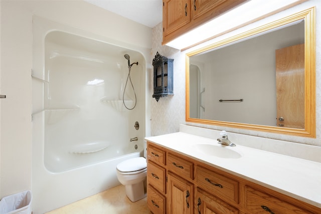 full bathroom with shower / bathing tub combination, vanity, and toilet