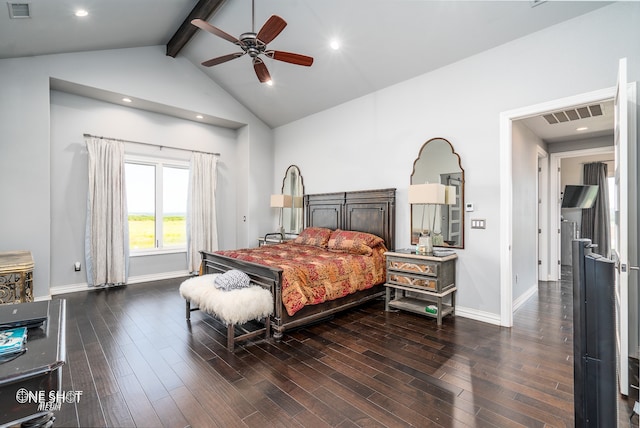 bedroom featuring ceiling fan, lofted ceiling with beams, and dark hardwood / wood-style floors