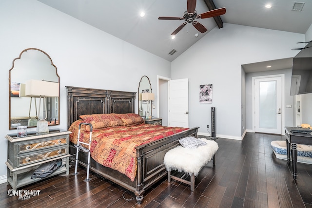 bedroom with beamed ceiling, wood-type flooring, high vaulted ceiling, and ceiling fan