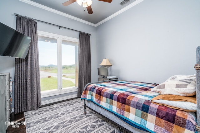 bedroom with multiple windows, ceiling fan, and ornamental molding