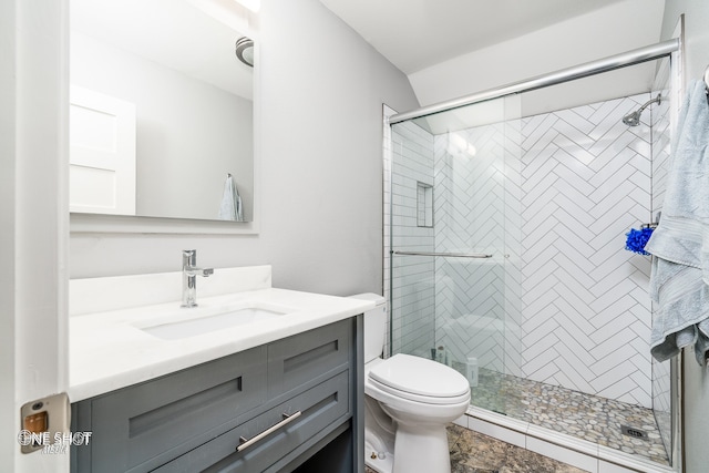 bathroom with vanity, a shower with shower door, and toilet