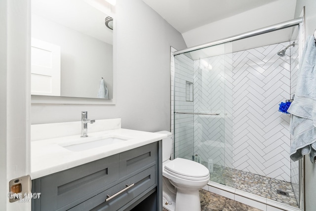 full bathroom with vanity, toilet, and a stall shower
