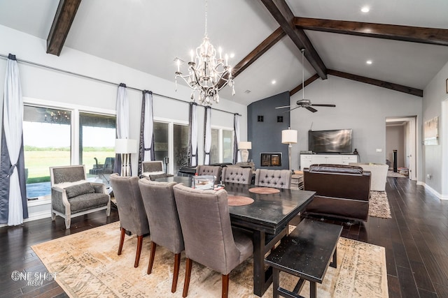 dining area featuring beam ceiling, high vaulted ceiling, ceiling fan with notable chandelier, dark wood finished floors, and baseboards