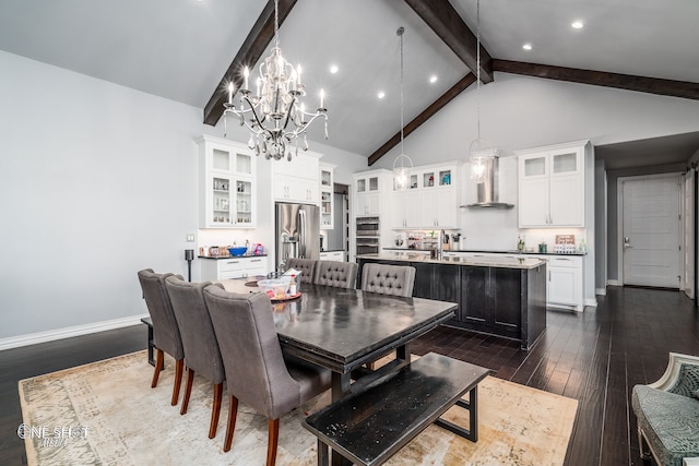 dining area featuring beam ceiling, dark wood-type flooring, high vaulted ceiling, and an inviting chandelier