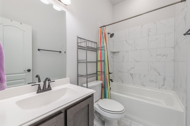 full bathroom featuring vanity, toilet, and shower / bathtub combination with curtain